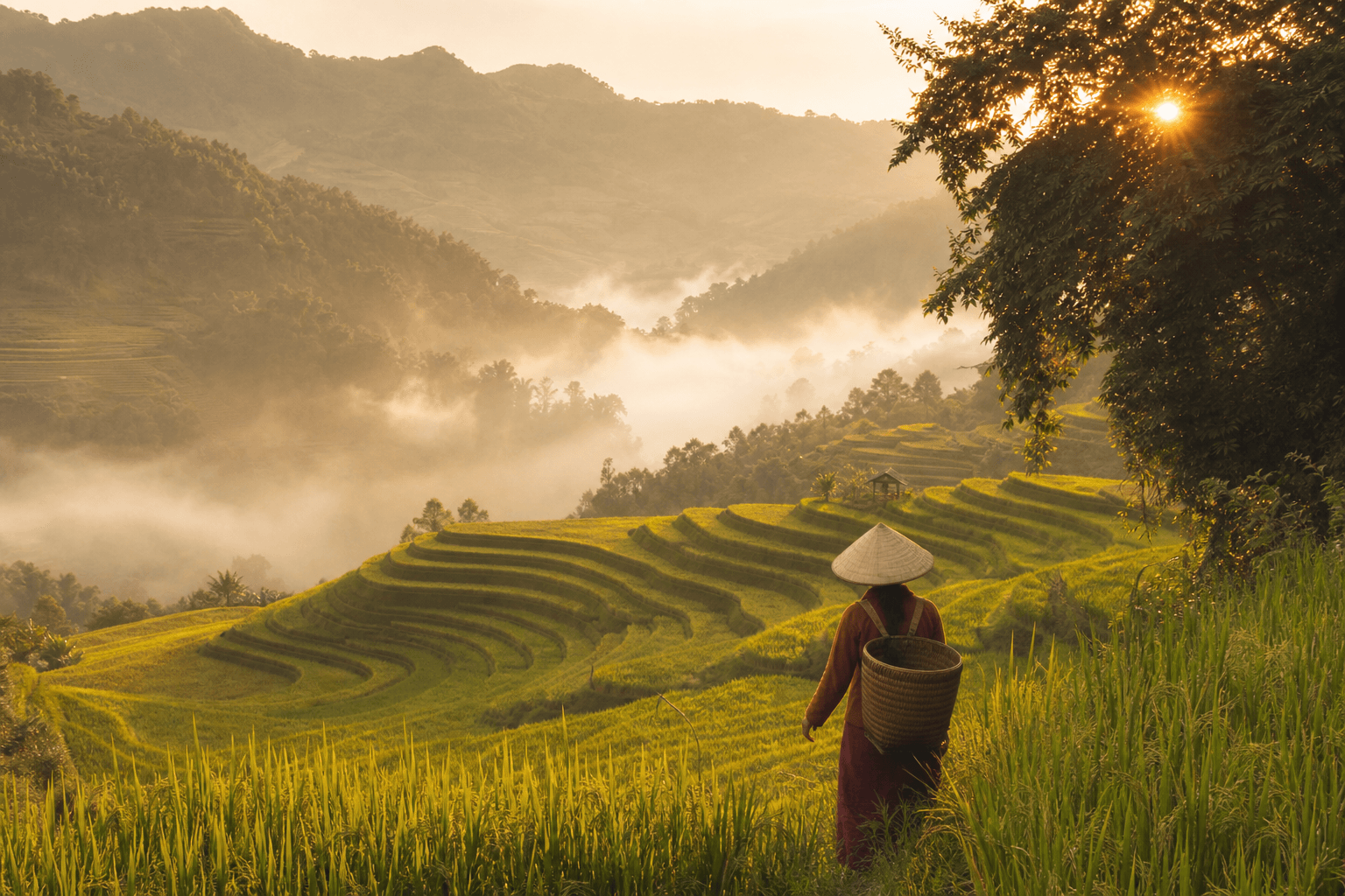 Rice terraces and mist in the Vietnamese highlands at golden hour