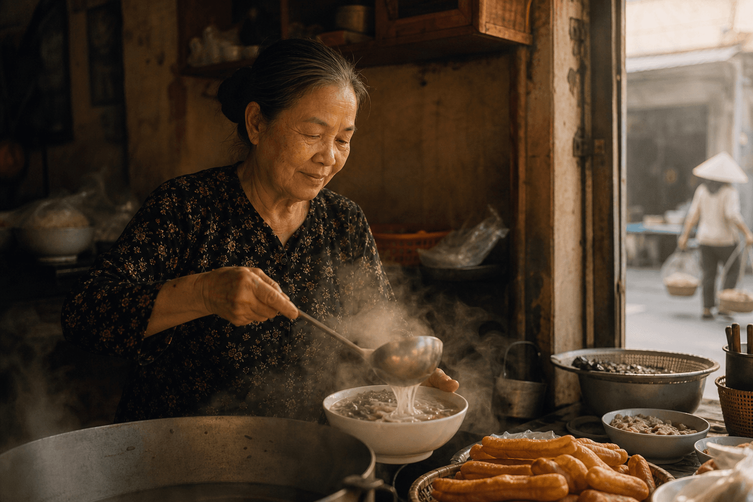 Sidewalk café at dawn in Ho Chi Minh City — plastic stools and phin coffee